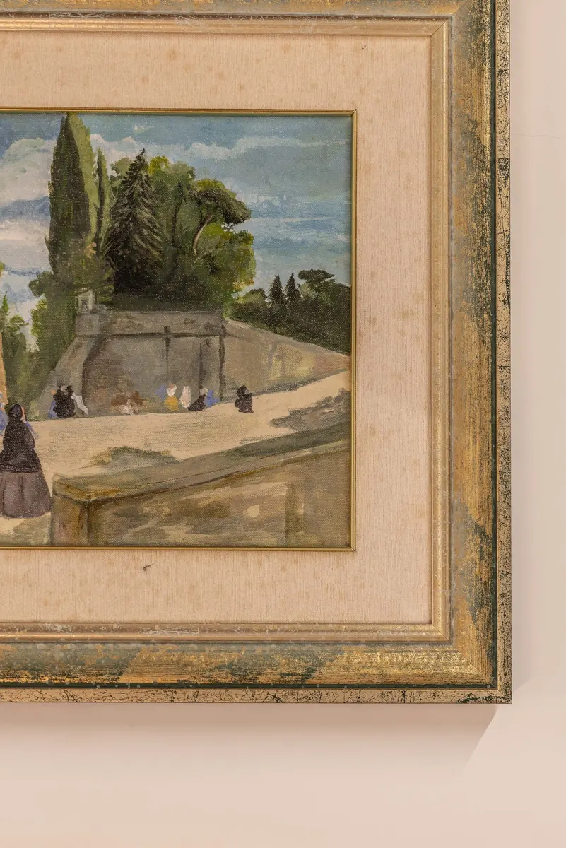 Paesaggio a olio in cornice dorata